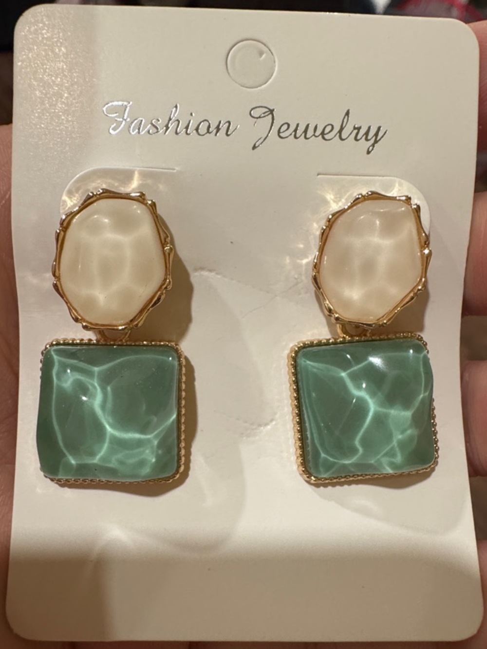 Fashion Jewelry Gold-Tone Cream and Seafoam Drop Earrings